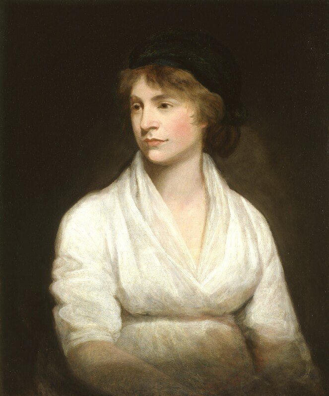 Portrait of Mary Wollstonecraft wearing a white dress and a black hat looking to the left of the painting