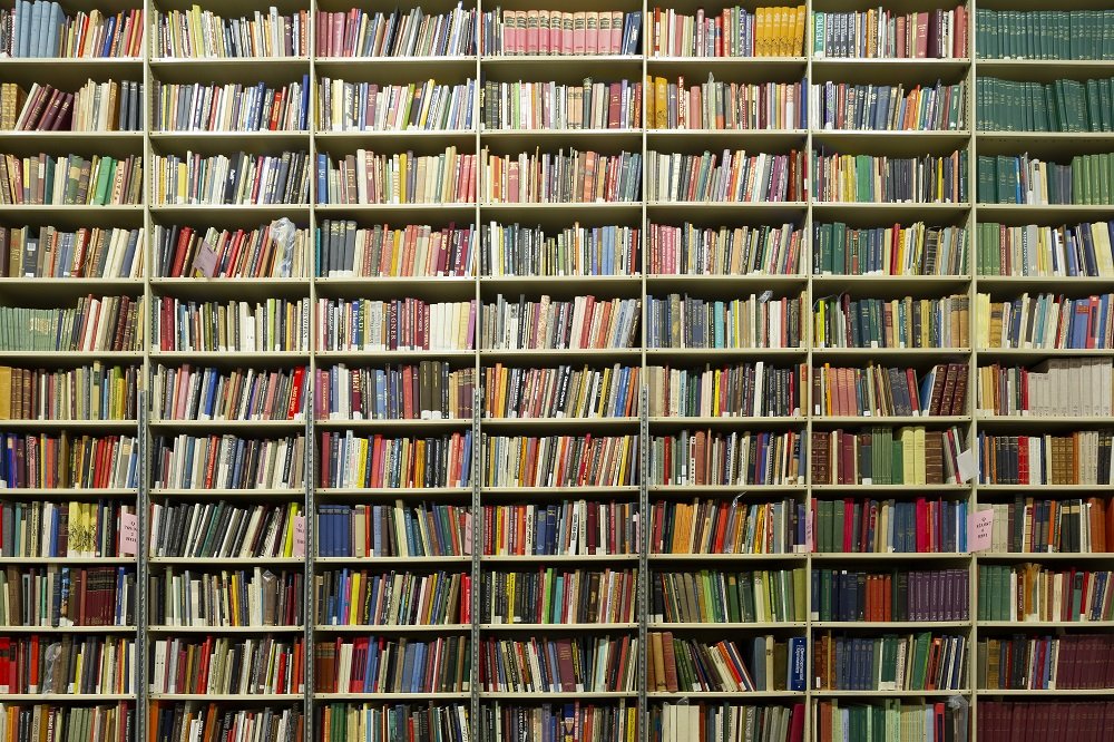 Large wall of bookshelves with hundreds of colourful books