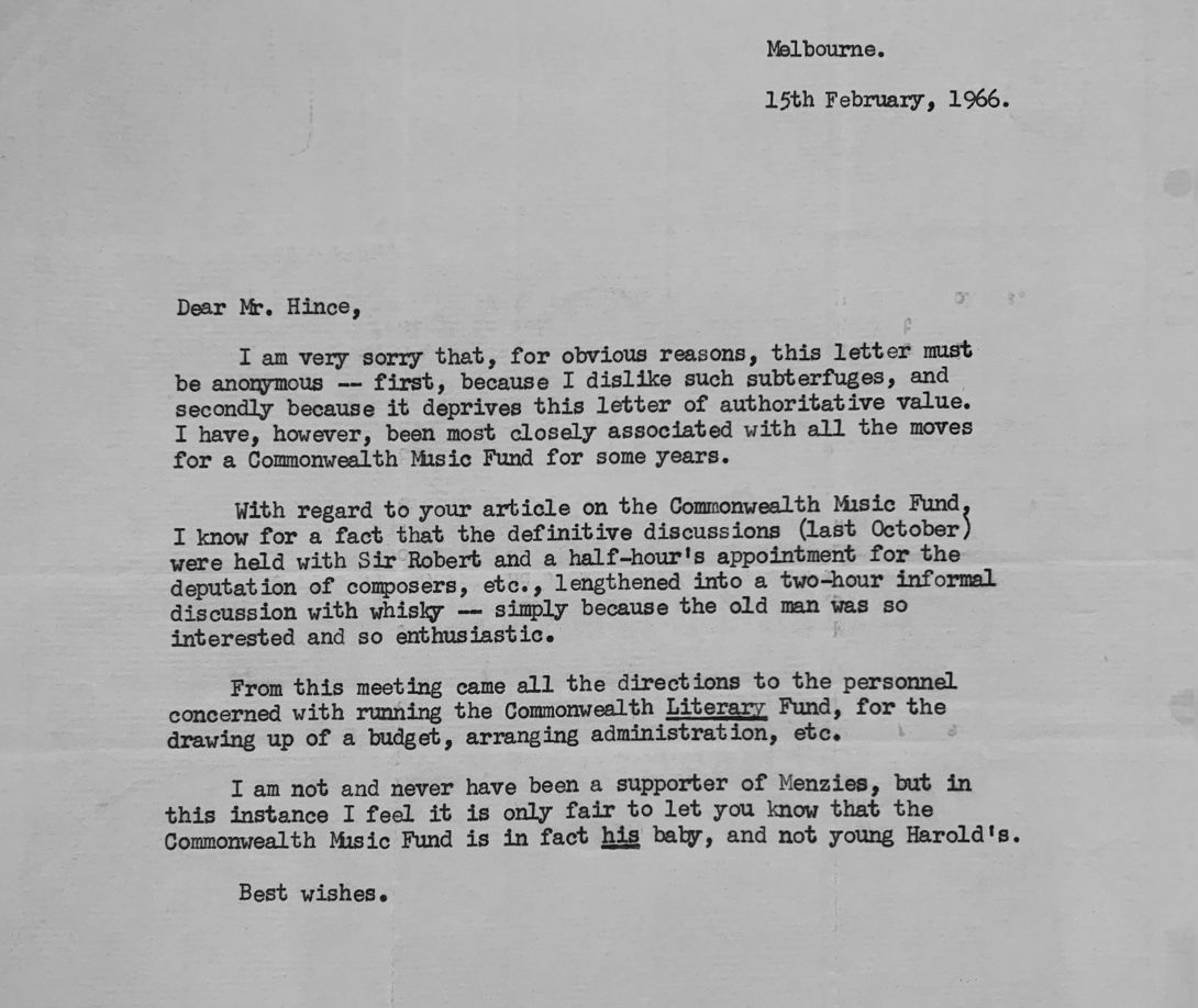 Typed letter to Mr Hince, about Australian music policy
