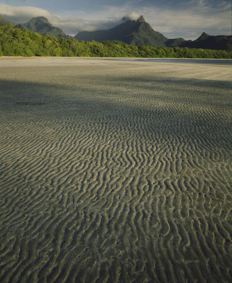 Looking across a large, pristine beach with textured sand towards a mountain covered in forest