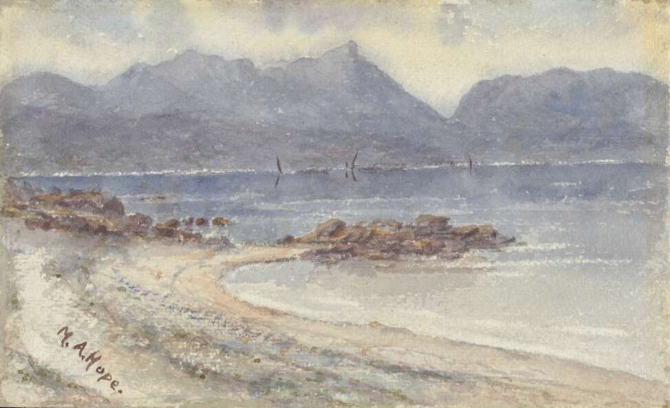 Watercolour of a bay with large mountains in the background. The painting mostly uses blues and browns and has a signature reading 'M. A. Hope' in the bottom left corner
