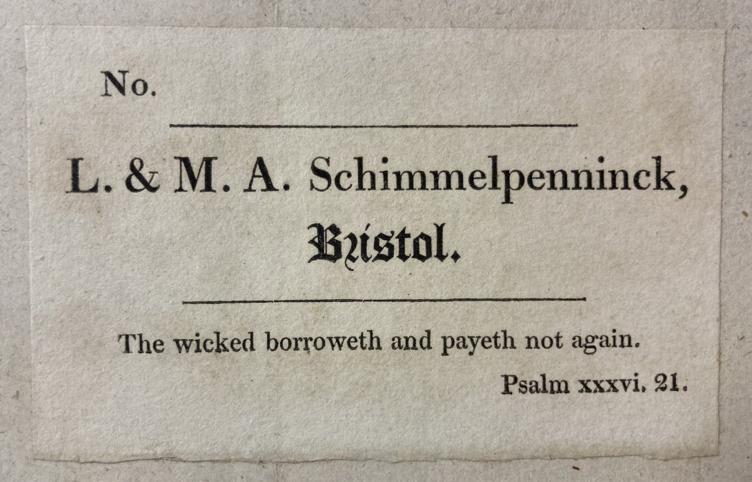 Photo of a bookplate with name, place and a quotation from the Bible