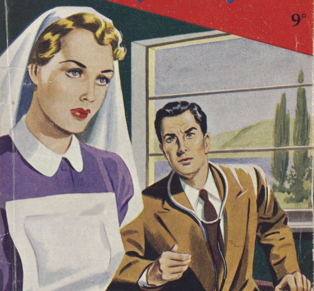 Vintage-style illustration of a female nurse standing by a window while a man in a brown suit leans towards her