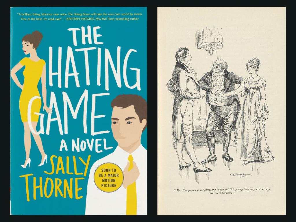 On the left, a book cover for 'The Hating Game' showing a cartoon-style illustration of a woman in a yellow dress and a man with a white shirt and yellow tie. On the right, an illustration of the love interests in 'Pride and Prejudice' meeting