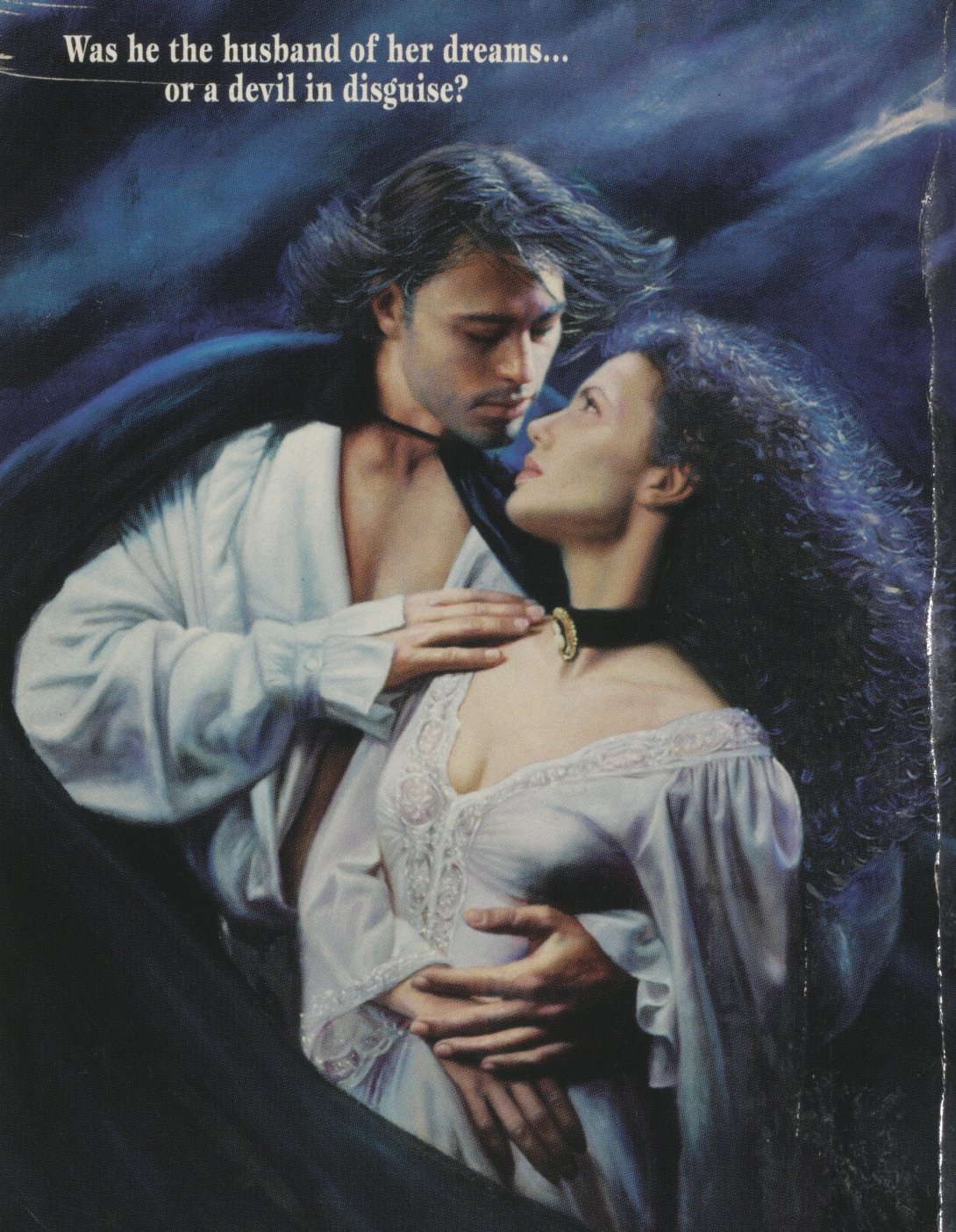Dramatic image of a man in a white shirt and dark cape with his arm around the waist of a woman in a low-cut blouse as they look into eachothers eyes
