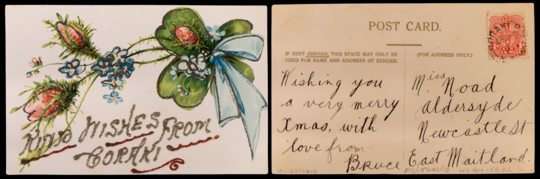 Front and back of an old postcard. On the front is a design with glitter of flowers and a ribbon with glitter text reading 'Xmas wishes from Coraki'. On the back is a message wishing the recipient a merry Christmas