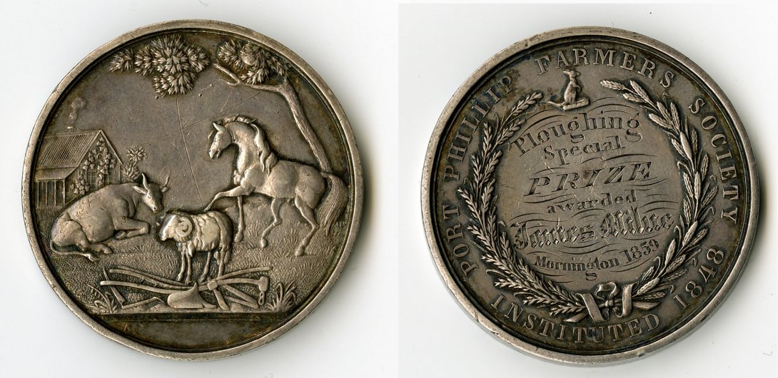 A side by side image showcasing both sides of a medallion awarded for ploughing. One side of the image has text about the award and the other side depicts a scene with three farm animals