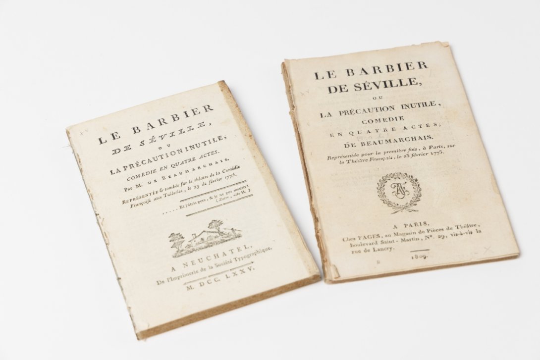 Two printed plays without bindings; different versions of The Barber of Seville