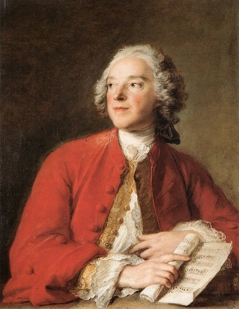 Portrait of a man in a wig, wearing a red jacket 