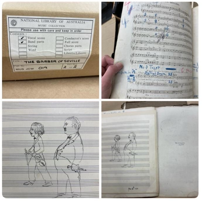 4 photos: one a closed box with label identifying contents, a marked-up trumpet score and two images of a caricature of two musicians
