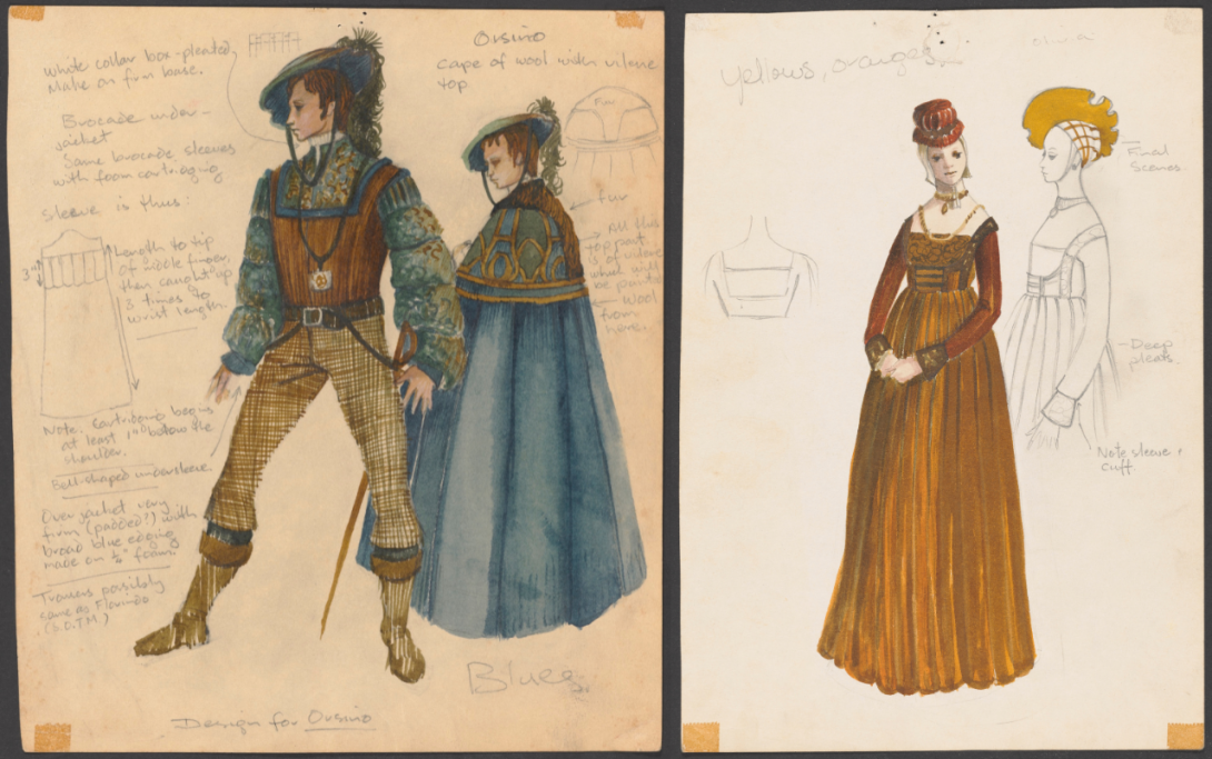 Two costume designs, one for a man the other for a woman, with annotations. The man's costume features a blue and green shirt with puffy sleeves, a brown vest, boots, a blue hat and an optional blue cloak. The woman's costume is an orange gown with a small headpiece.