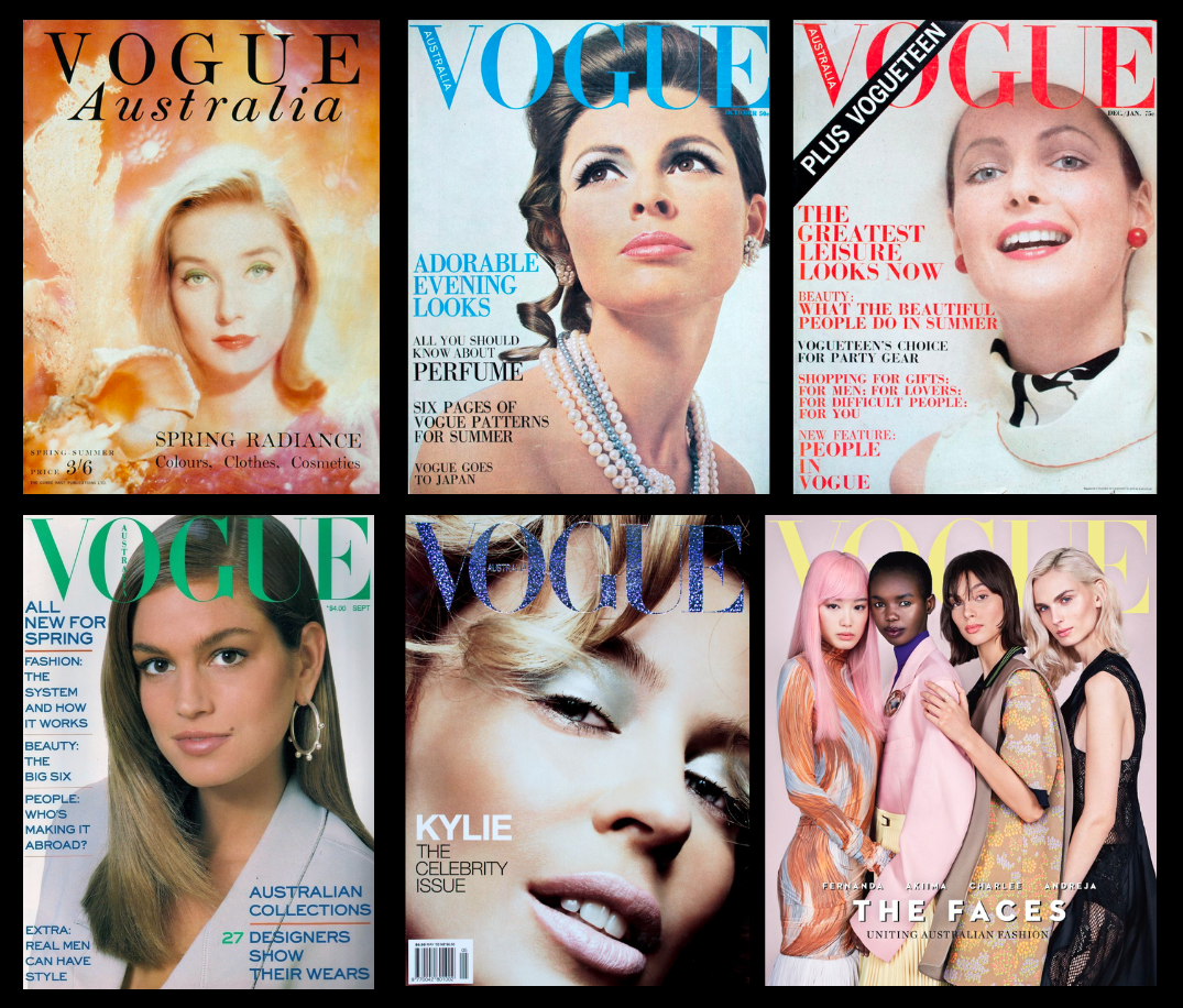 Six covers from the Vogue Australia magazine from between 1959 and 2018 showing how it has changed over time. The first cover is very artistic with a blonde woman on a pink and orange background. The last cover shows four models of different ethnicities posing in front of a pale pink background.