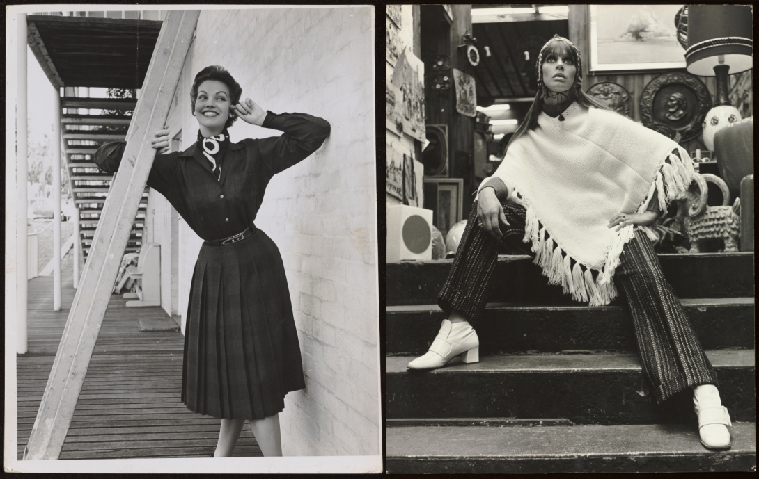 Two black and white fashion photographs. The photo on the left shows a smiling woman wearing a mid-length, button-up, long sleeve dress and a scarf tucked into the collar leaning on a beam next to a brick wall. The photo on the right shows a woman in a white poncho, headband, dark pants and white boots sitting on stairs looking dramatically into the distance.