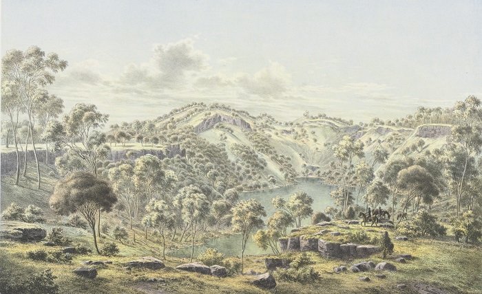 Colonial painting of Mount Eccles with crater lake in foreground