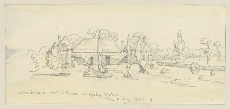 Pencil drawing of Neuarpurr homestead - a stone building with sharply pitched roof, surrounded by trees