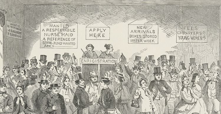 Line etching of a labour office around 1860, showing a room full of people 