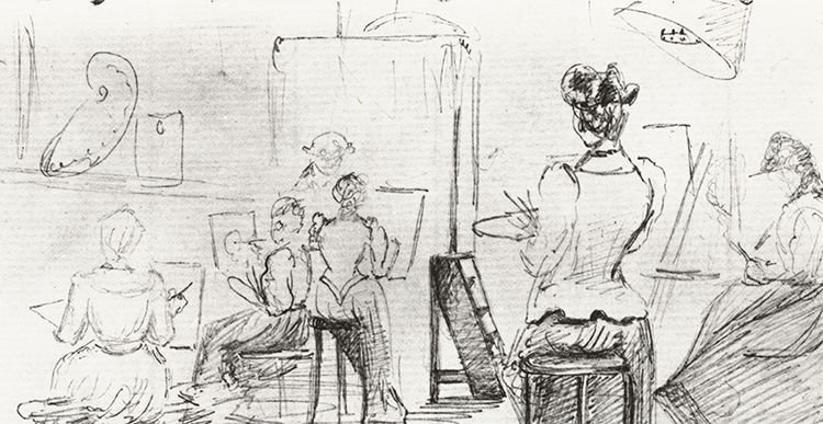 Pencil drawing of a governess supervising five student painters