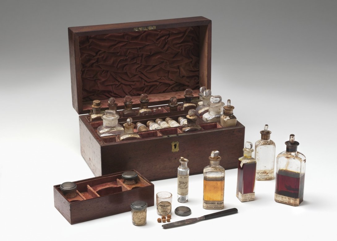 Some of the contents of the Faithfull family collection medicine chest, National Museum of Australia.