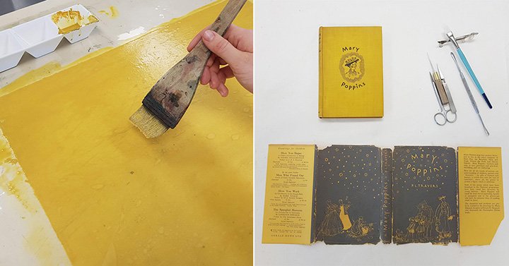 Toning Japanese paper and a Japanese brush with yellow acrylic paint to match the yellow dust jacket, treatment of the dust jacket by conservator, Freya Merrell, using wheat starch paste and Japanese tissue paper.