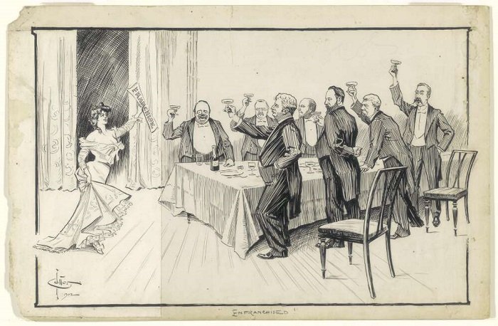 ink drawing of a woman standing at one end of a dining table, holding aloft a piece of paper with 'franchise' written on it. Seven men stand around the table, dressed in dinner suits, toasting the woman with champagne glasses.