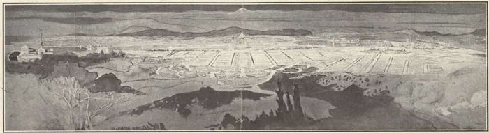 Pencil drawing of the Griffin plan for Canberra, as it would have been viewed from Mount Ainslie, showing trees in the foreground and Parliament House at the horizon