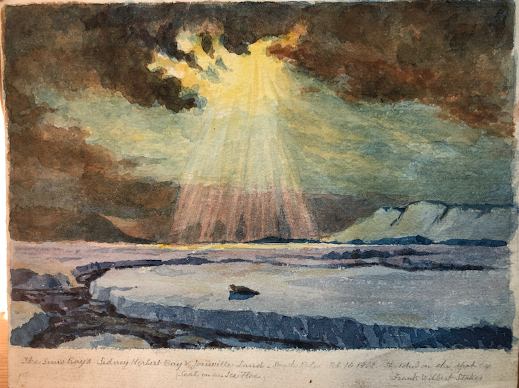A watercolour painting of Antarctica with ice caps and land underneath a colourful sunset 