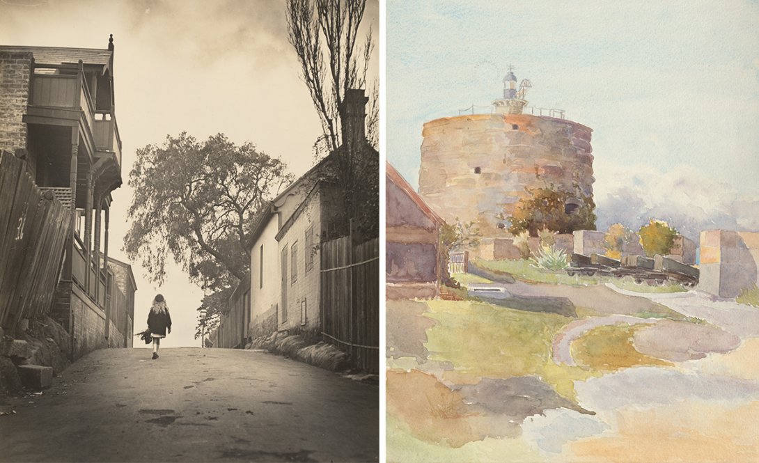 sepia photograph of young girl walking up street in 1910 and watercolour painting of Fort Denison, Pinchgut, c.1905