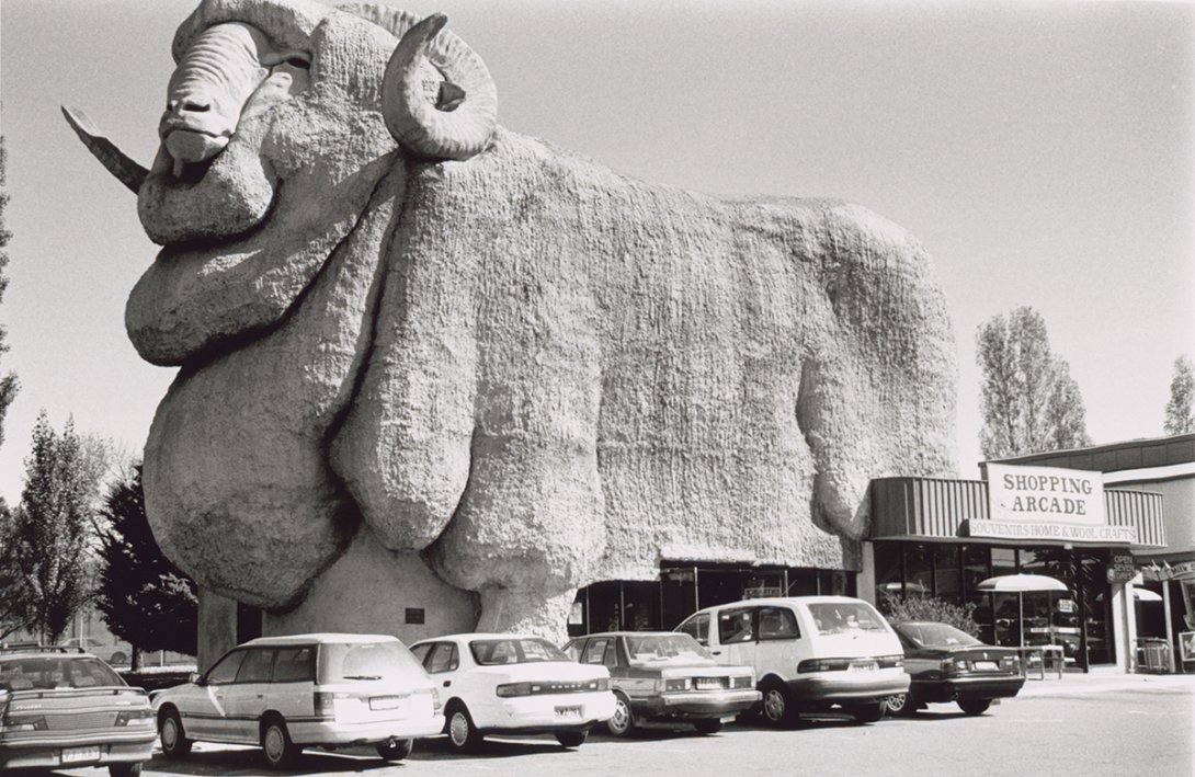 Black and white photograph of the Big Merino sculpture in Goulburn New South Wales, taken in 1994 by Joyce Evans 