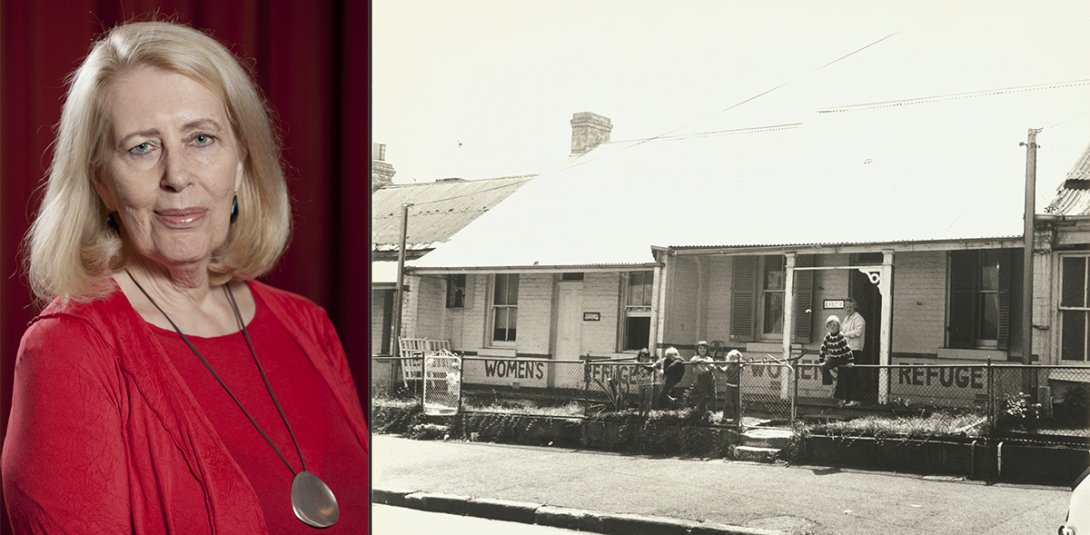 Portrait of Anne Summers next to an image of Elsie Woman's Refuge with 6 children playing in the front yard