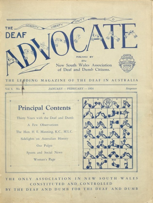 Front cover of the January 1934 issue of the magazine The Deaf Advocate, listing contents and with an image of hand signs for the letters of the alphabet